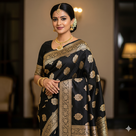 Striitva Banarasi Silk Saree – Black & Gold