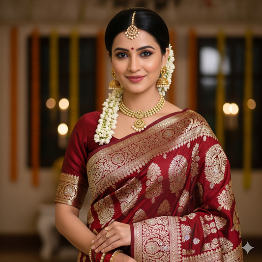 Striitva Banarasi Silk Saree – Maroon with Gold Zari