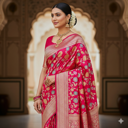Striitva Banarasi Silk Saree – Deep Pink Floral Weave