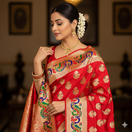 Striitva Banarasi Silk Saree – Red with Multicolor Peacock Border